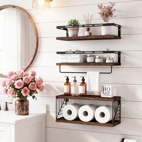 Fixwal Wall Mounted Bathroom Shelves Over Toilet, Rustic Wood Floating Shelves with Metal Frame and Towel Bar for Bathroom, Kitchen, Bedroom, Living Room (3 Plus 1 Dark Brown) - color: 6-dark Brown