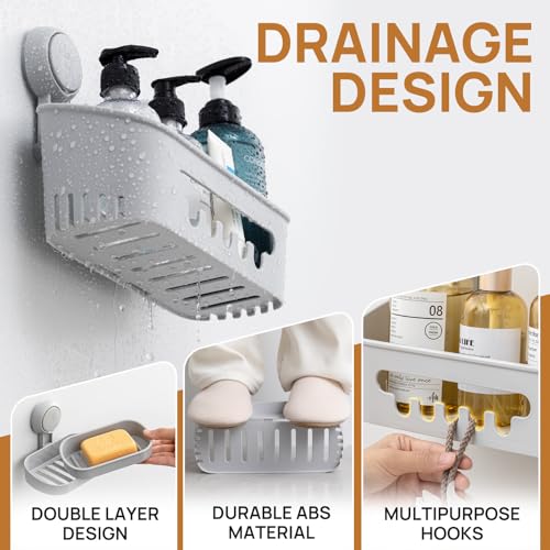 LEVERLOC Shower Caddy Suction Cup Set Shower Organizer & Soap Holder & Toothbrush Holder, Bathroom Shelf Basket NO-Drilling, Removable Suction Storage Waterproof Bathroom Caddy, Gray - color: 3 X Gray
