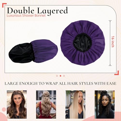 Extra Large Shower Cap for Women, Reusable Waterproof Shower Bonnet with Satin Lining, Double Layer Washable Bath Hair Cap for Braids, Locs, Long Thick Curly Hair, Natural Hair(Big Dark Purple) - color: Dark Purple