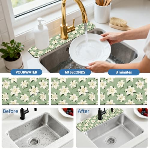 2 Pcs Kitchen Sink Splash Guard Faucet Mat Lily Faucet Mat for Sinks Flowering Plant Absorbing Drying Mats for Kitchen Bathroom, 23.6x5.5inch - color: Lily