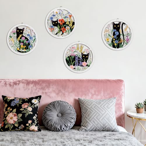 HPNIUB Funny Black Cat Wall Decor,Farmhouse Floral Wooden Signs,4 Pieces 10''x10'' Colorful Botanical Kitten Wall Art,Plant Cat Wood Plaque Home Decor for Pet Shop,Nursery,Lovely Cat Gifts - color: Black Cat&floral