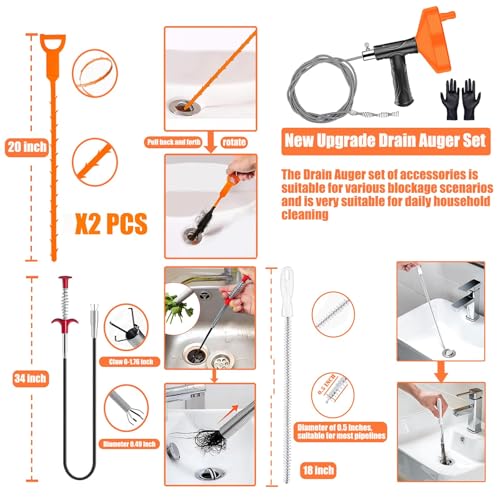 Drain Snake Auger, Plumbing Snake Drain Hair Clog Removal Tool, Sink Unclogger Drain, Heavy Duty Drum Auger, Cleaner Tool for Bathroom Kitchen Tub Shower Drain Clog Remover with Gloves (33 Feet)
