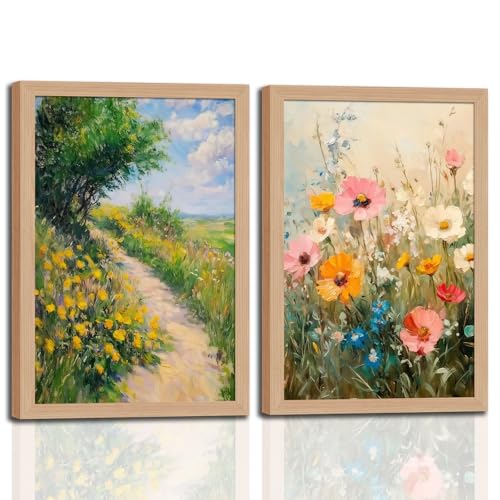 2Pcs framed Nature Floral Canvas Wall Art meadows and wildflowers plant and flower prints canvas Painting watercolor floral Picture print for living room bedroom or bathroom Decor16x24in - color: Meadows and Wildflowers, size: 16x24 Inches