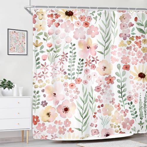 Riyidecor Cute Pink Green Floral Shower Curtain for Bathroom Decor 72Wx72H Spring Boho Kids Girls Girly Watercolor Wildflower Leaves Art Printed Fabric Polyester Waterproof 12 Pack Plastic Hooks - color: A-pink Green, size: 72"W x 72"L (Pack of 1)