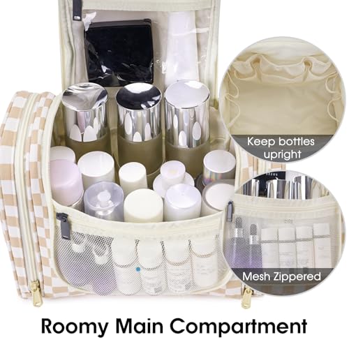Narwey Hanging Toiletry Bag for Women Travel Makeup Bag Organizer Toiletries Bag for Cosmetics Essentials Accessories - color: Z-Light Brown Checkerboard