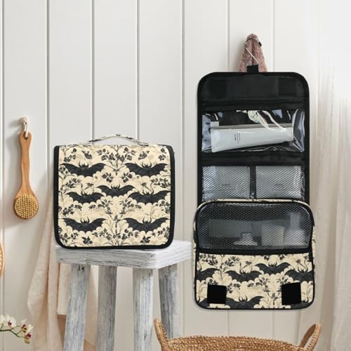 MNSRUU Hanging Toiletry Bag Bats and Flowers Vintage Travel Makeup bag for Toiletries Portable Travel Toiletry Organizer Cosmetic Bags with Hanging Hook - color: Bat I13854