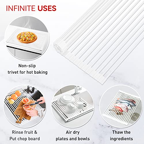 MERRYBOX Roll Up Dish Drying Rack, Silicone Wrapped Over The Sink Dish Rack Foldable Dish Drainer Anti-Slip Dish Racks for Kitchen Counter, Multipurpose Kitchen Sink Drying Rack, 18" x 13", White - color: Rectangle-white, size: Rectangle: 18" x 13"