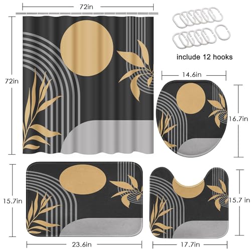 Boho Mid Century Shower Curtain Set with Toilet Lid Cover and Non-Slip Rugs, Abstract Geometric Grey Background 4 Pcs Modern Minimalist Shower Curtain for Bathroom Set with 12 Hooks - color: Boho Grey 2