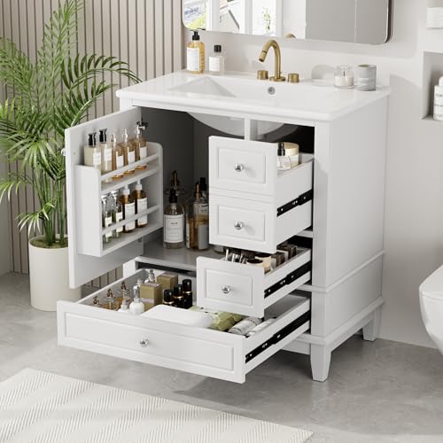 Linique 30" Modern Bathroom Vanity with Sink Combo Set, Solid Wood Frame Bathroom Storage Cabinet with 3 Drawers, Soft Closing Cabinet Door with Organizer, White - color: White, size: 30"/ Door with Organizer
