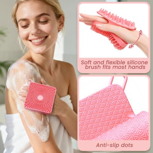 Manmihealth Dual-Sided Silicone Body Scrubber Scalp Massager & African Bath Sponge Net Set, 2-in-1 Silicone Shower Shampoo Brush Africa Wash Net Combination, Lather Well, Strong Exfoliating (Pink) - color: Shower Brush+net Sponge Set (Pink)