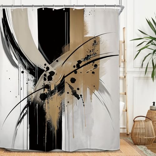 Miyotaa Abstract Modern Minimalist Shower Curtain Set 60Wx71H Inches Neutral Contemporary Brushstroke Aesthetic Art Black Tan Waterproof Bathroom Curtain with 12 Hooks - color: Black Tan Neutral, size: 60"W x 71"L (Pack of 1)