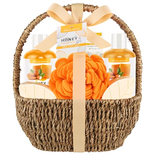 Bath Spa Gift Basket, Bath & Body Gift Set for Women & Men, Includes Shower Gel, Bubble Bath, Bath Salt, Bath Sponge, Spa Gift Box for Mother's Day, Birthday, Wedding, Honey & Almond 8pcs