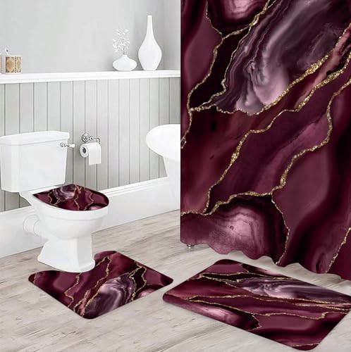 NEWSUYAA 4 Sets Purple Marble Shower Curtain with Bath Rugs, Abstract Marble Match Gold Crack Bathroom Décor with Toilet Seat Lid Area Mats Absorbent Pedestal Pads Carpets and Hooks - color: Bright Purple