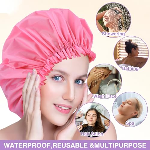 2 PCS Large Shower Cap for Braids - Waterproof Shower Cap for Women, Reusable XL Plastic Shower Caps Jumbo Bath Bonnet for Long Thick Curly Hair, Locs, Twist Braids (Pink, Purple) - color: Pink+Purple