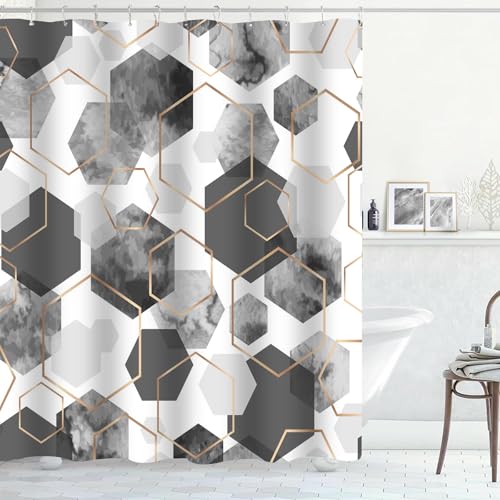4Pcs Gray White Geometric Shower Curtain Set, Neutral Modern Art Deco Shower Curtain with Hooks, Elegant Trendy Simple Bathroom Sets with Shower Curtain and Rugs, 71 * 71in - color: Grey