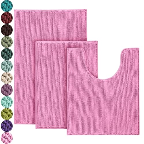 Urvoix Bathroom Rugs Sets 3 Piece, Non-Slip Chenille Bath Rug - Ultra Soft, Washable, Super Absorbent Bath Mat for Bathroom, Toilet and Tub (Pink) - color: Pink