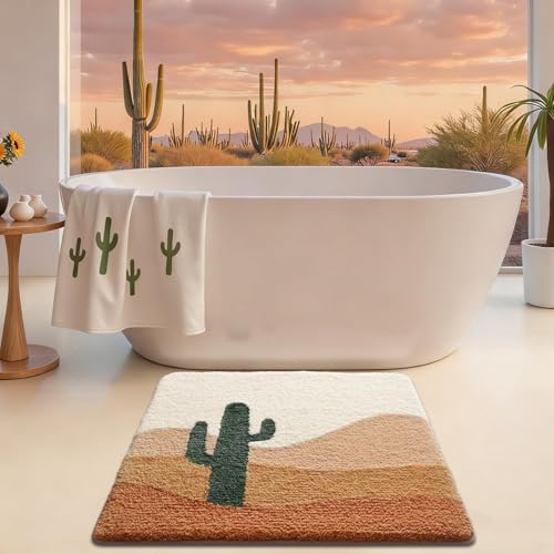 LUMI Bathroom Rugs with Cactus Plant, Square Bathroom Mat, Ultra Soft, Absorbent Quick Dry, Non-Slip Washable Shower Rugs, Luxury Carpet for Shower Floor, Bathtub, Home Decor, 26"x26" - color: A-desert Cactus, size: 26"x26"(Square)