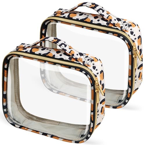 Travel Toiletry Bag,2 Pack Clear Makeup Bags with Handles,180°Opening Clear Cosmetic Bags for Traveling Women,Men,Travel Essentials,Leopard - color: Leopard, size: 2 Pack, Large