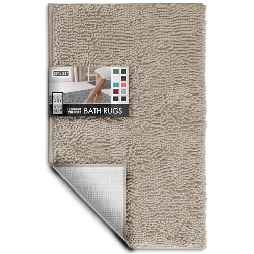 Hearth & Harbor Bathroom Rugs, Chenille Bath Mat - Machine Washable Bath Mats for Bathroom Non-Slip Backing Rubber, Quick Dry Bathroom Mat - color: Beige, style: 20 x 32