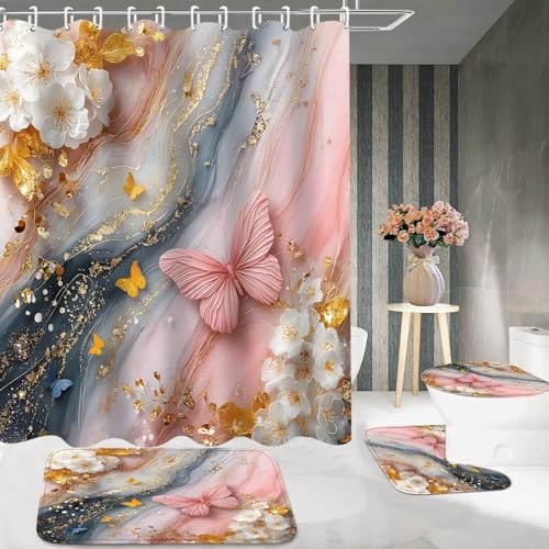 DDQQ 4Pcs Pink Butterfly Floral Shower Curtain Set White Golden Flower Bathroom Sets Marble Background Shower Curtain with 12 Hooks Bathroom Decor with Rugs Bath Accessories with Mats Toilet Lid Cover - color: Pink Yellow