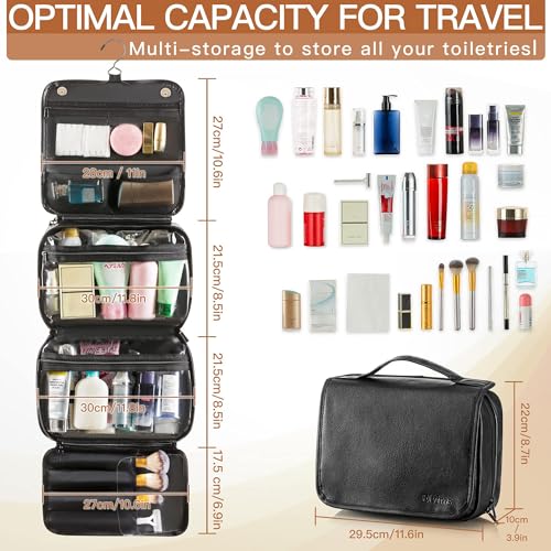 Elviros Hanging Toiletry Bag Removable Travel Bag PU leather Makeup Cosmetic Organizer Kit, Black - color: Black, size: 1 Pack
