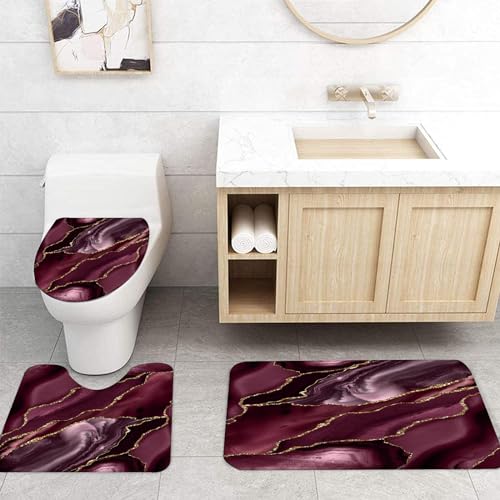 NEWSUYAA 4 Sets Purple Marble Shower Curtain with Bath Rugs, Abstract Marble Match Gold Crack Bathroom Décor with Toilet Seat Lid Area Mats Absorbent Pedestal Pads Carpets and Hooks - color: Bright Purple