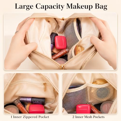Double Layer Travel Makeup Bag for Women | 9.1L x 4.3W x 6.3H in Faux Leather Cosmetic Organizer for Makeup, Skincare and Toiletries, Brown - color: Double Layer