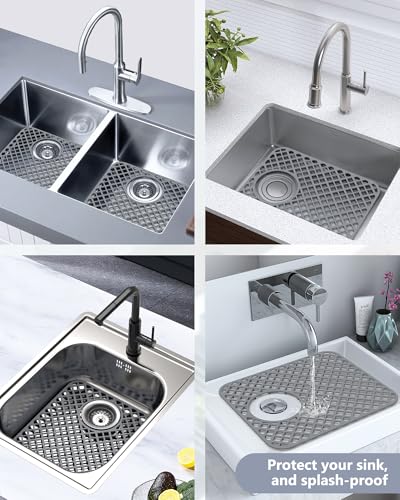 2 Pack Silicone Sink Protectors for Kitchen Sink, Trellis Pattern 13 x 11 Inches Sink Mat, Non-Slip and Durable Sink Protector Silicone, Rear Drain, Gray - color: Gray