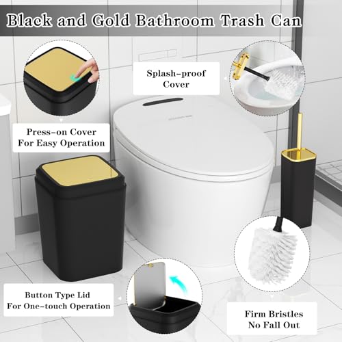 XLHOMO Bathroom Accessories Set - Luxury Black Bathroom Set, 9 Pieces Bathroom Accessory Set, Black Bathroom Accessories with Trash Can, Toilet Brush & Soap Dispenser - color: Black & Gold, size: Bathroom Set
