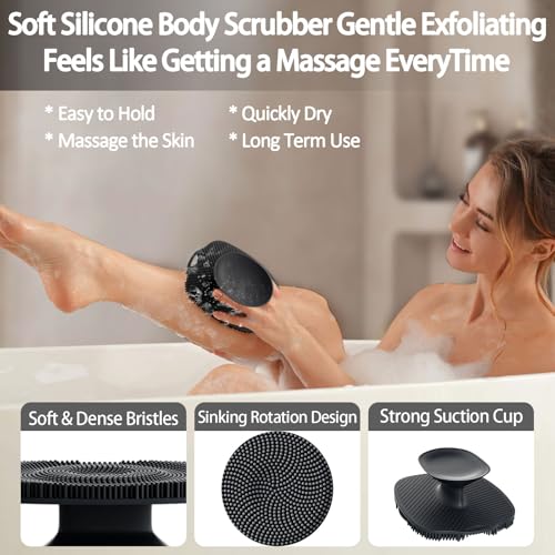 Soft Silicone Body Scrubber, Gentle Like a Hand Exfoliating Your Skin and Build Up Lather Easily, Back Large Suction Cup Easy to Store, Long-Lasting & Deep Clean (Black) - color: Black