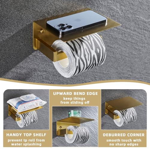 Angle Simple Toilet Paper Holder with Shelf, SUS304 Stainless Steel Bathroom Tissue Roll Holder for Wall, Brushed Dark Gold - color: Brushed Dark Gold, size: Single Rod