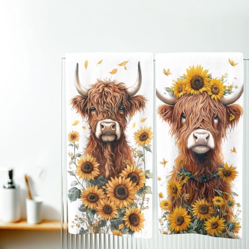 Highland Cattle Bath Hand Towels Set of 2 Absorbent Farmhouse Farm Sunflowers Decorative Hand Towels Set for Bathroom Gym Hotel Spa Bathroom Hand Towels Gifts for Women Man 14"x28" - color: Highland Cattle