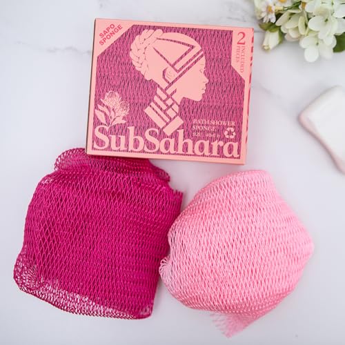SubSahara Authentic African Net Sponge - 2 Pack Exfoliating Bath & Shower Loofah Sponge for Body & Face, Gentle Scrubber for All Skin Types, Travel, Durable (Dark Pink & Light Pink) - color: Dark Pink & Light Pink