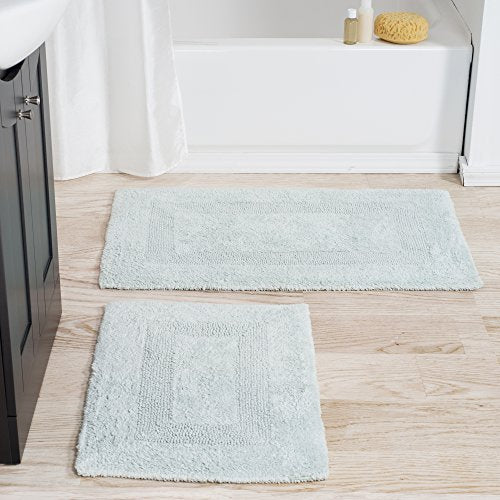 Cotton Bath Mat Set- 2 Piece 100 Percent Cotton Mats- Reversible, Soft, Absorbent and Machine Washable Bathroom Rugs By Lavish Home (Seafoam) - color: Seafoam