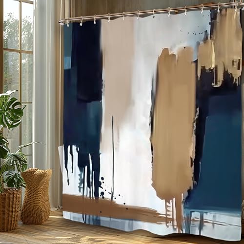 Miyotaa Abstract Blue Tan Modern Shower Curtain Set 60Wx71H Inches Contemporary Minimalist Neutral Brush Stroke Painting Art Waterproof Bathroom Curtain with 12 Hooks - color: Blue Tan Brushstroke, size: 60"W x 71"L (Pack of 1)