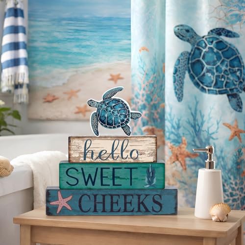 Cinnvoice 4 Pcs Sea Turtle Bathroom Decor Farmhouse Bathroom Decoration Hello Sweet Cheeks Table Centerpiece Gift for Christmas Valentines Back to School - style: Sea Turtle Hello Sweet Cheeks