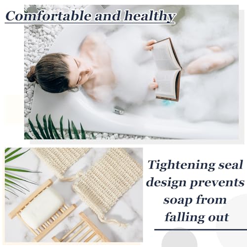 Rtteri 120 Pcs Soap Saver Bags & Bamboo Soap Holder Set Exfoliating Sisal Soaps Washing Bags Self Draining Wooden Bar Soaps Dish for Shower Bath Toilet Kitchen Restaurant