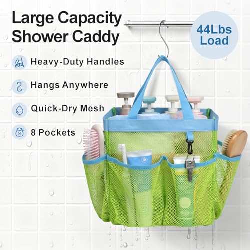Mesh Shower Caddy Portable - 8 Pockets, S-Hook, Shower Bag for Dorm Camping | 2-Handle, Quick-Dry, Toiletry Organizer, College Dorm Room Essentials for Girls, Gym, Travel & Bathroom, Fluorescent Green - color: 1 Pack L Fluorescent Green, size: L (Classic