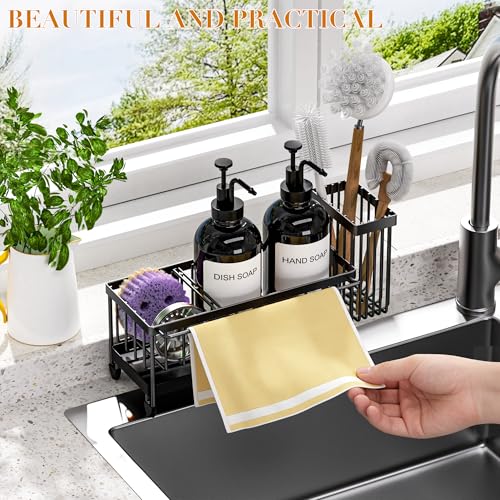 Kitchen Soap Dispenser Set with Sponge Holder and Towel Rack, 17OZ Glass Bottle, Hand and Dish Soap Dispenser Set, Non-Slip Silicone Pad, Brush Holder, Kitchen Sink Caddy Organizer Countertop (Black) - color: Black