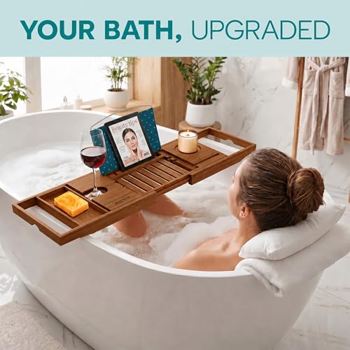 SereneLife Premium Bathtub Tray Caddy with Gift Box and Bow Set, Expandable Bath Tray, Unique House Warming Gifts for Mom, Women, Wedding, Anniversary, Bridal Shower, Fit for All Tub - Brown, Gift Set - color: Brown, Gift Set
