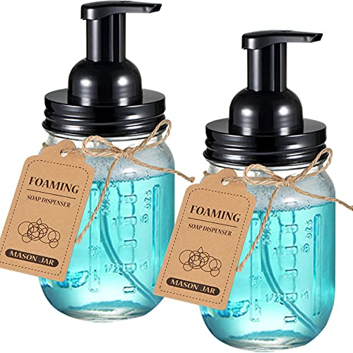 SheeChung Mason Jar Foaming Soap Dispenser-Rustproof Stainless Steel Lid & Foaming Soap Pump, Refill Foam Hand Soap Dispenser Glass for Bathroom Kitchen Vanities, Countertops-Black (2 pk) - color: Black-2pcs