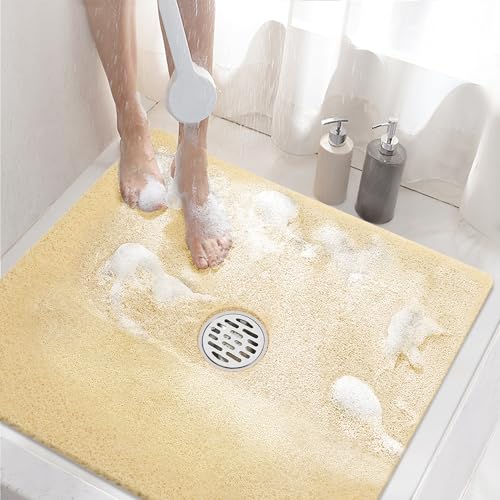 HITSLAM Square Shower Mat, 24 x 24 Inch Non Slip Bath Mat for Tub, Soft PVC Loofah Bathtub Mats with Drain Holes, Quick Drying Bathroom Stall Floor Mat, Bathroom Accessories Without Suction Cup, Beige - color: Beige, size: 24" x 24" (Square)