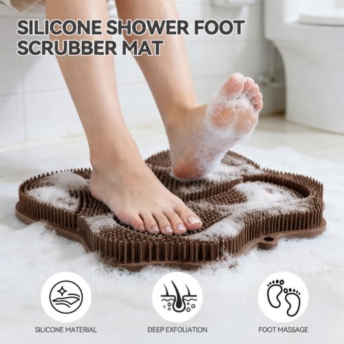 OZNER Silicone Shower Foot Scrubber Mat,Back Washer Bath Wash Pad Exfoliating & Massage, Wall Mounted Slip Strong Suction Cups for Use in Cleaner Men and Women (Brown) - color: Brown