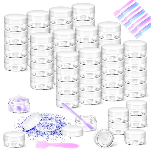 50 Pack 10g Plastic Jars with Lids, 10ml Round Clear Cosmetic Containers Makeup Jars, Travel Size Container Jar with 20 Spatulas for Sample Lotion Cream Eyeshadow Ointment Salve Balm Powder - color: White, size: 10g