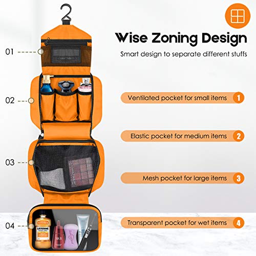 Travel Toiletry Bag for Women, Dopp Kit for Men, Waterproof Makeup Bag Shaving Bag with Hanging Hook, Portable Toiletry Organizer for Traveling and Camping - color: orange