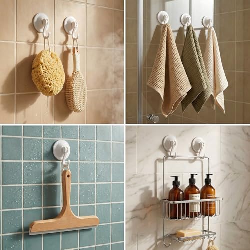 Heavy Duty Suction Cups with Hooks, Waterproof Shower Towel Holder | for Bathroom Wall Tile, Removable No-Drill Vacuum Suction Cup with Hook for Glass Door & Loofah, 4 Pack, White