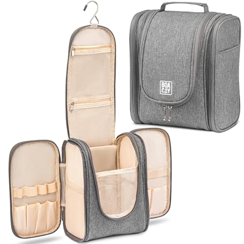 BOACAY Hanging Travel Toiletry Bag for Women and Men, Makeup Bag, Bathroom & Shower Organizer Kit for Accessories, Cosmetics, Travel Essentials - color: (M) Quartz Gray - Beige Interior