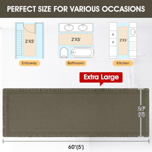 Extra Large Waffle Bath Mat, 5'x2' Greyish Green-Bordered, Super Absorbent Non-Slip Quick Dry Bathroom Rugs with Tassels, Machine Washable Ultra Soft Boho Bath Rugs, Toilet Mats Boho Farmhouse Decor - color: Greyish Green, size: 2' x 5' (Runner)