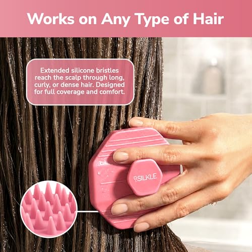 SILKLE Scalp Massager Shampoo Brush – Silicone Scalp Scrubber for Hair Growth & Dandruff Removal, One-Piece, Non-Slip Handle, Soft Bristles, Wet/Dry Shower Scalp Exfoliator for All Hair Types – Pink - color: Pink