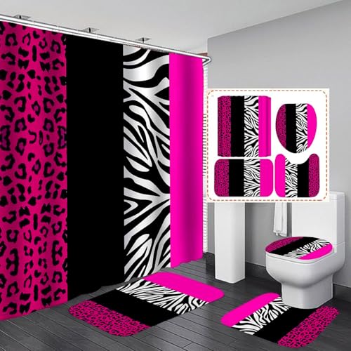 4PCS Leopard Print Shower Curtain Set with Rug, Toilet Lid Cover and Bath Mat, Pink Black Splice Shower Curtain with 12 Hooks, Shower Curtain for Bathroom Decor Set - color: Pink